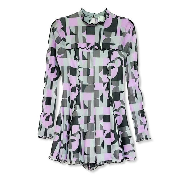 NWT ASOS Abstract Print Mesh Long Sleeve Lettuce Edge Romper - Picture 4 of 5